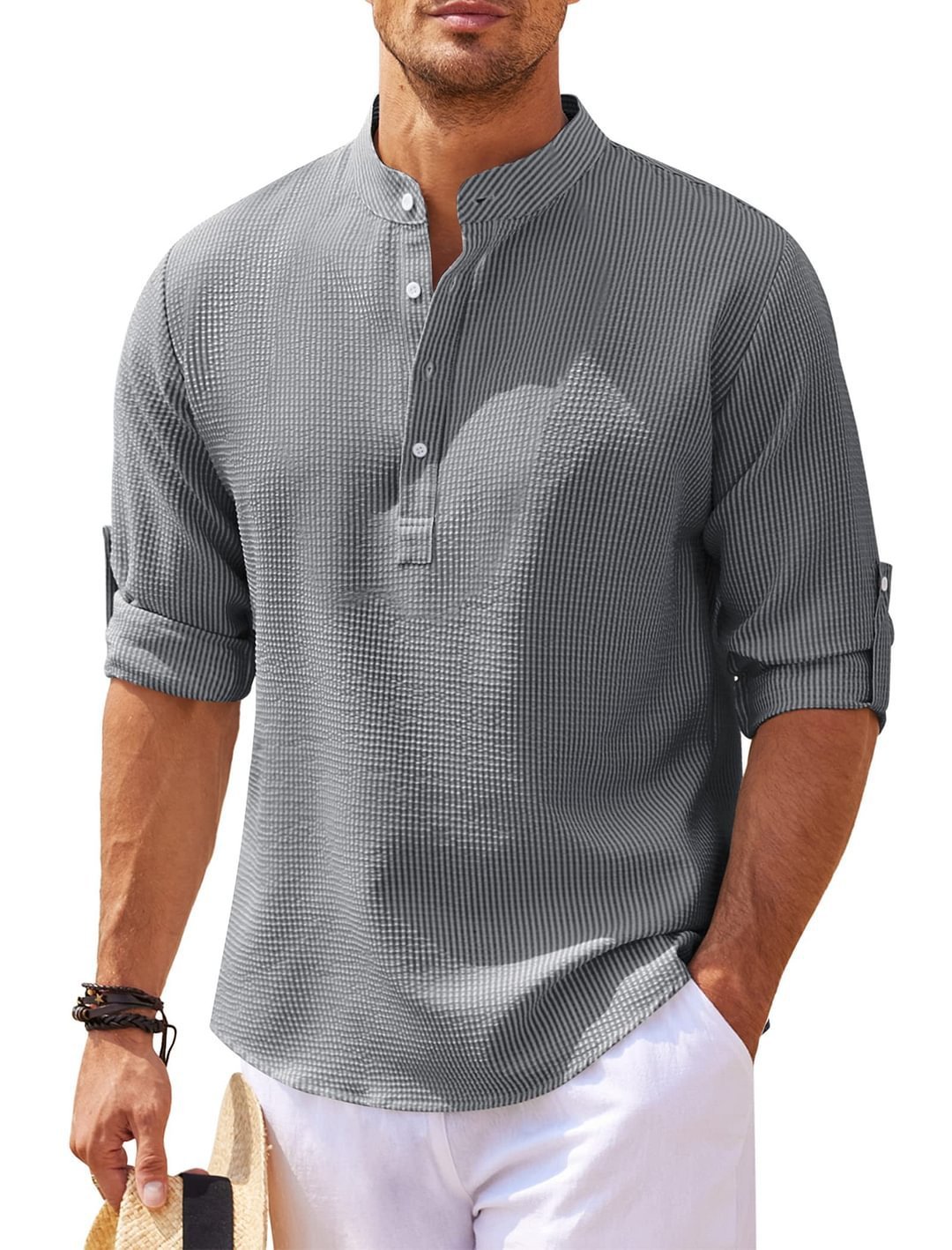 Men's Casual Shirt  Long Sleeve Stand Collar Solid Color Shirt Mens Clothing - FlexFinds