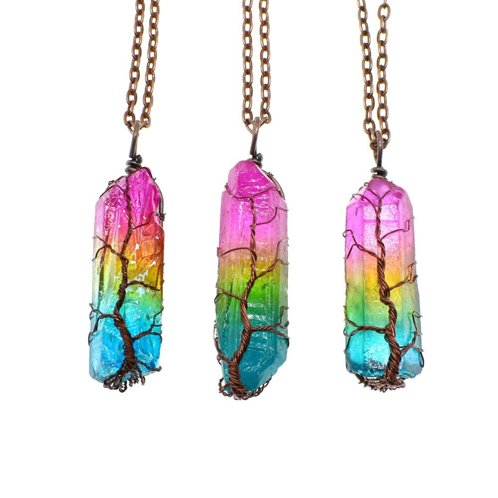 Hot Selling Stone Crystal Pillar Tree Of Life Pendant Ins Fashion Necklace - FlexFinds