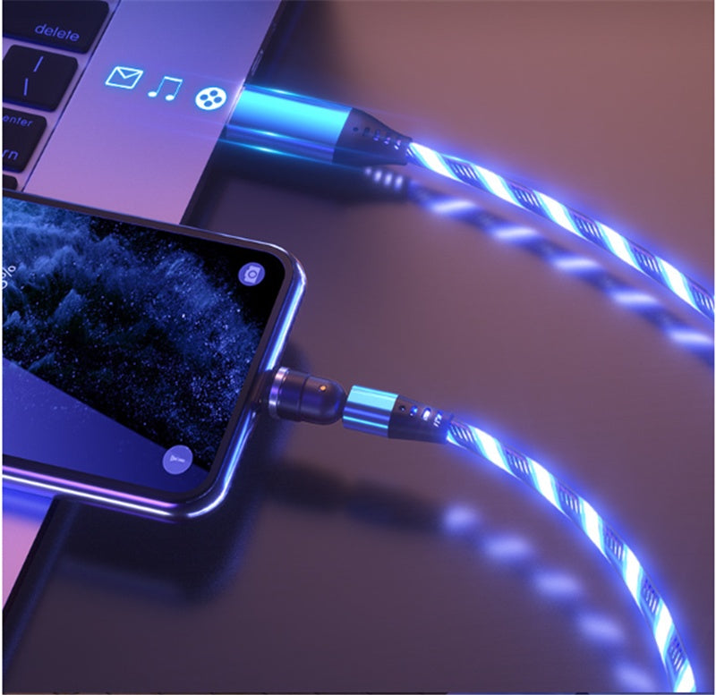 540 Rotate Luminous Magnetic Cable 3A Fast Charging Mobile Phone Charge Cable For LED Micro USB Type C For I Phone Cable - FlexFinds