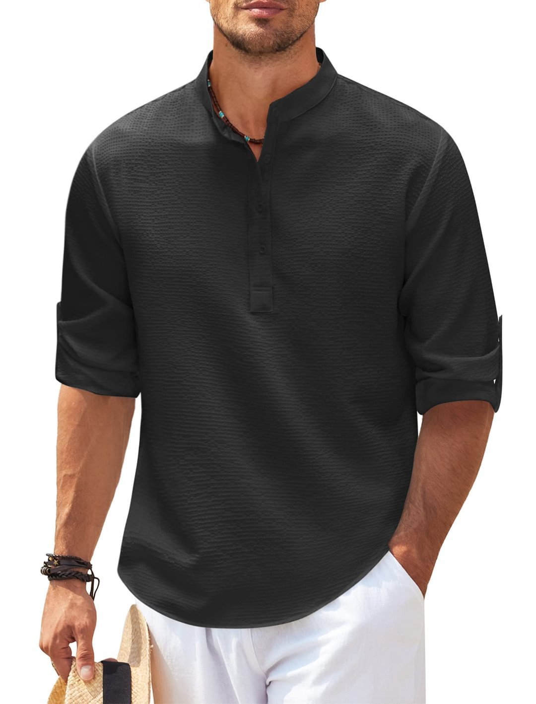 Men's Casual Shirt  Long Sleeve Stand Collar Solid Color Shirt Mens Clothing - FlexFinds