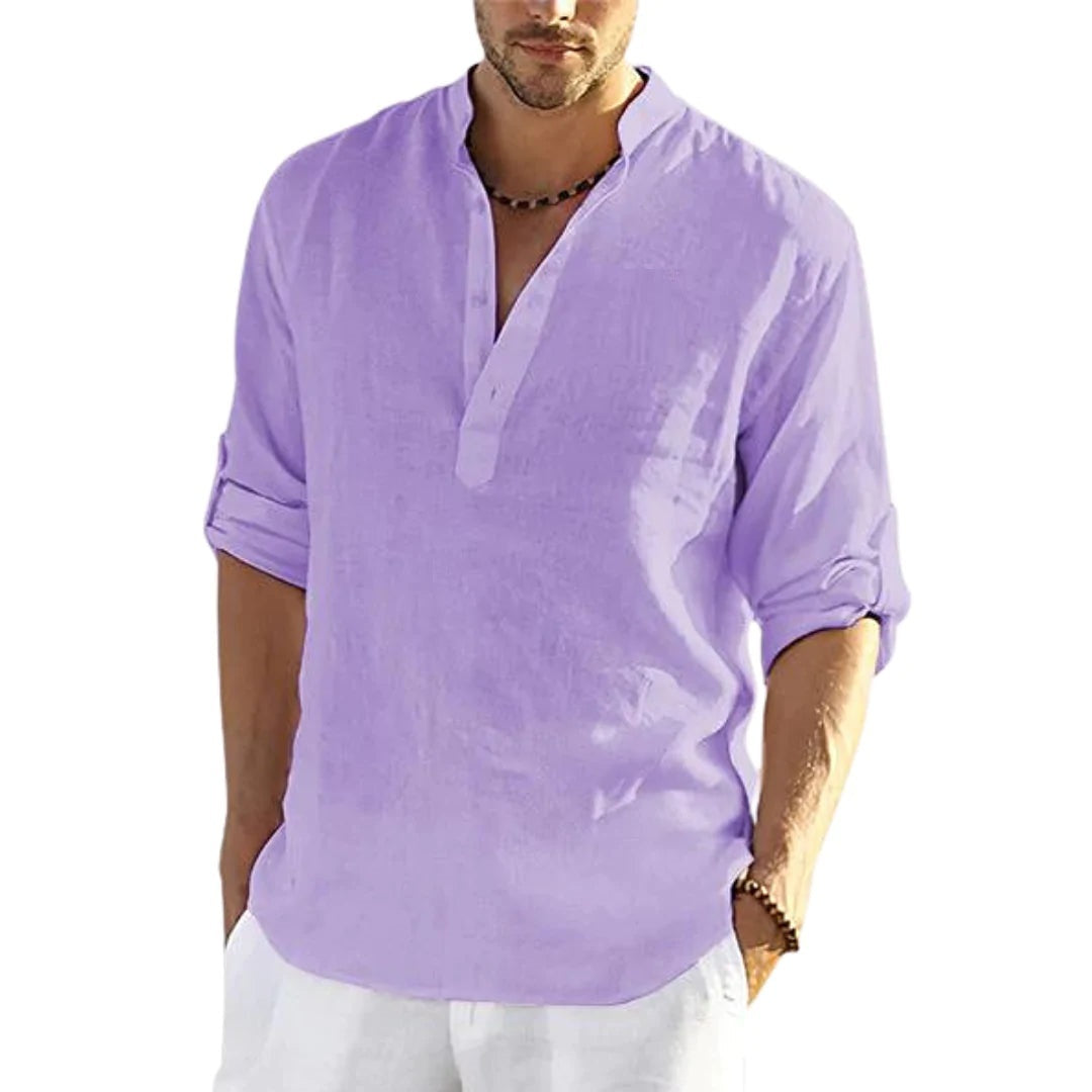 Men's Casual Cotton Linen Solid Color Long Sleeve Shirt Loose Stand Collar - FlexFinds