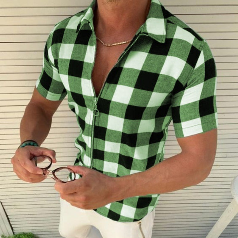 Plaid T Shirt Mens Zipper Short Sleeve Shirts Summer Men Clothing - FlexFinds