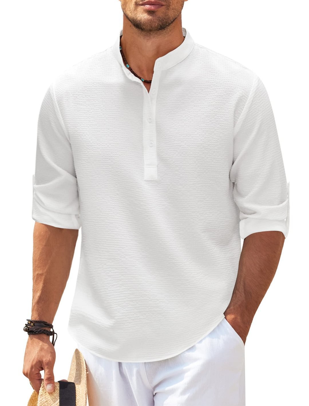 Men's Casual Shirt  Long Sleeve Stand Collar Solid Color Shirt Mens Clothing - FlexFinds