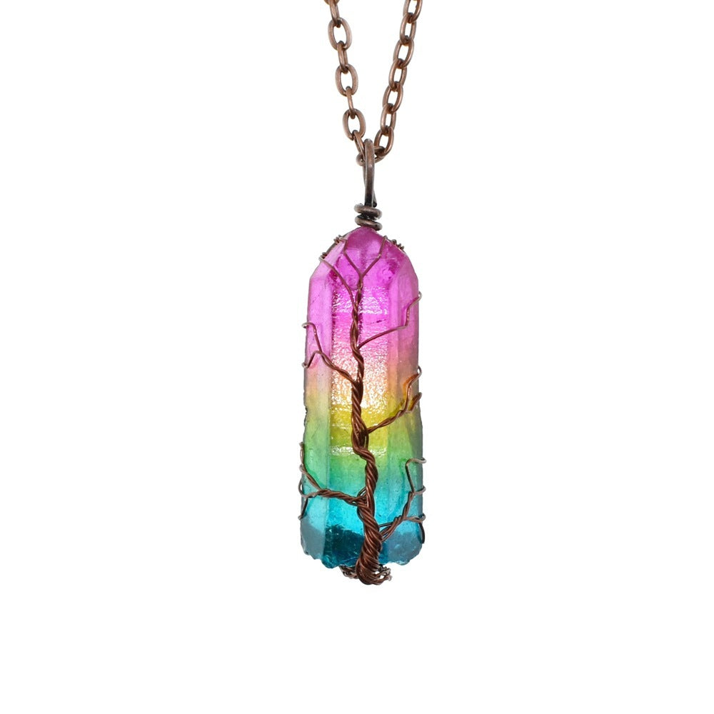 Hot Selling Stone Crystal Pillar Tree Of Life Pendant Ins Fashion Necklace - FlexFinds