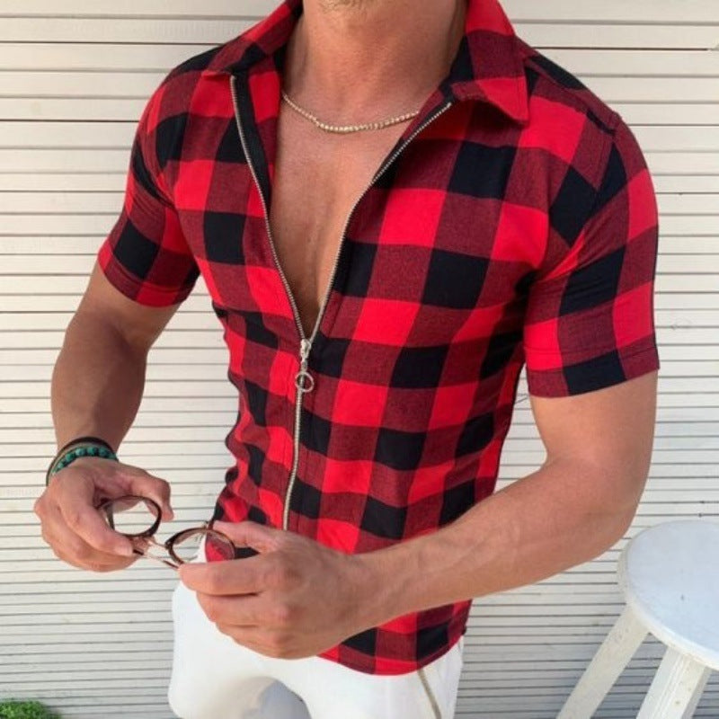 Plaid T Shirt Mens Zipper Short Sleeve Shirts Summer Men Clothing - FlexFinds