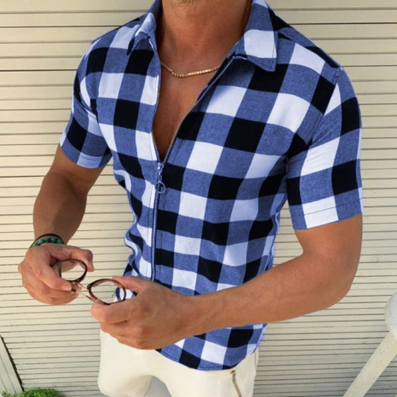 Plaid T Shirt Mens Zipper Short Sleeve Shirts Summer Men Clothing - FlexFinds