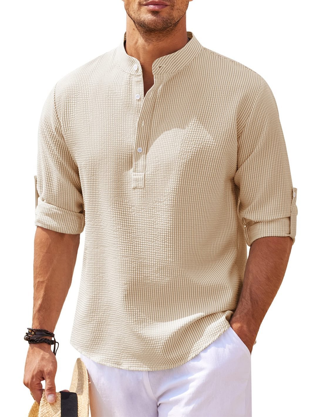 Men's Casual Shirt  Long Sleeve Stand Collar Solid Color Shirt Mens Clothing - FlexFinds