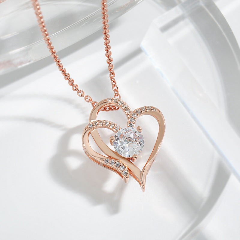 Zircon Double Love Necklace With Rhinestones Ins Personalized Heart-shaped Necklace Clavicle Chain Jewelry For Women Valentine's Day - FlexFinds