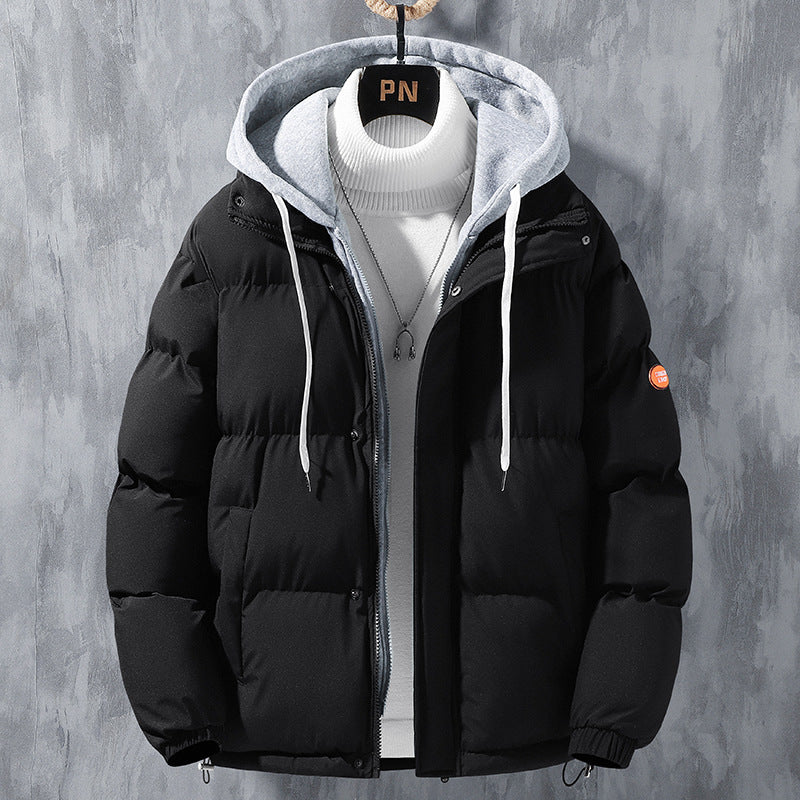 Fashion Hooded Jacket Men Winter Windproof Thickened Fake Two-piece Coat Solid Leisure Sports Cotton Jacket - FlexFinds