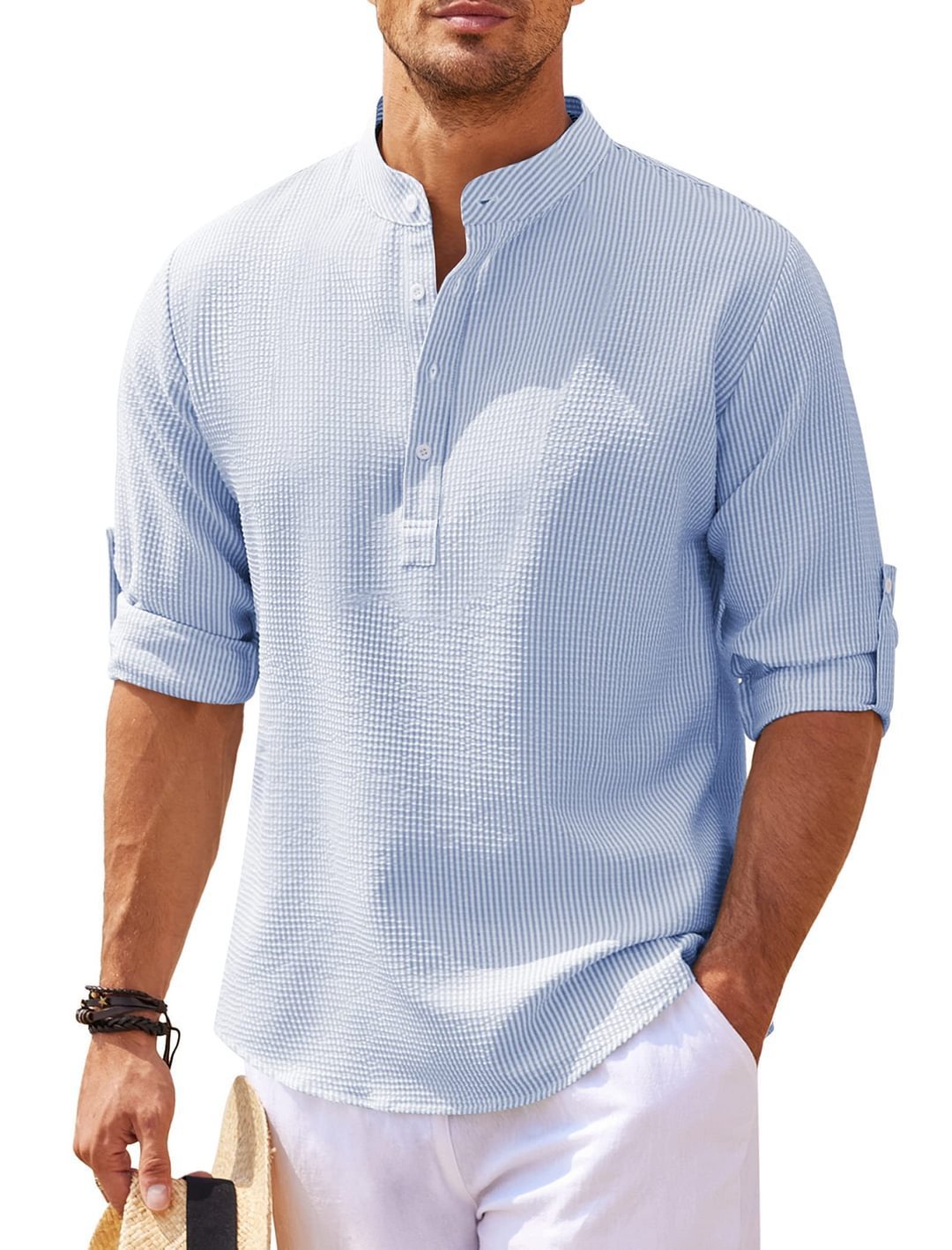 Men's Casual Shirt  Long Sleeve Stand Collar Solid Color Shirt Mens Clothing - FlexFinds