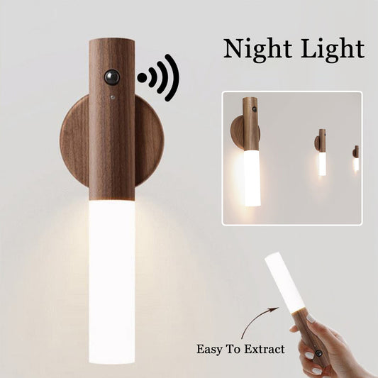 Auto LED USB Magnetic Wood Wireless Night Light Corridors Porch Lights PIR Motion Sensor Wall Light Cabinet Lamp - FlexFinds