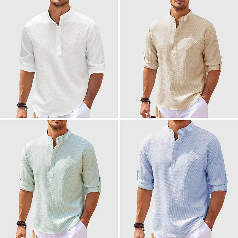 Men's Casual Shirt  Long Sleeve Stand Collar Solid Color Shirt Mens Clothing - FlexFinds