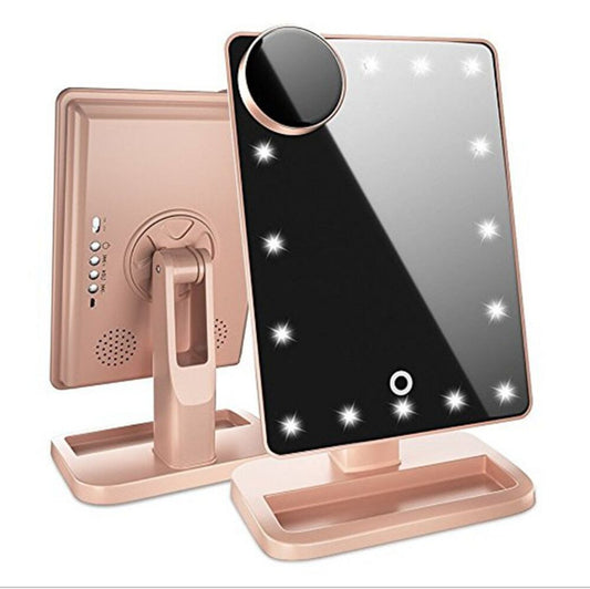 Touch Screen Makeup Mirror – 20 LED Lights, Bluetooth Speaker, 10X Magnification - FlexFinds