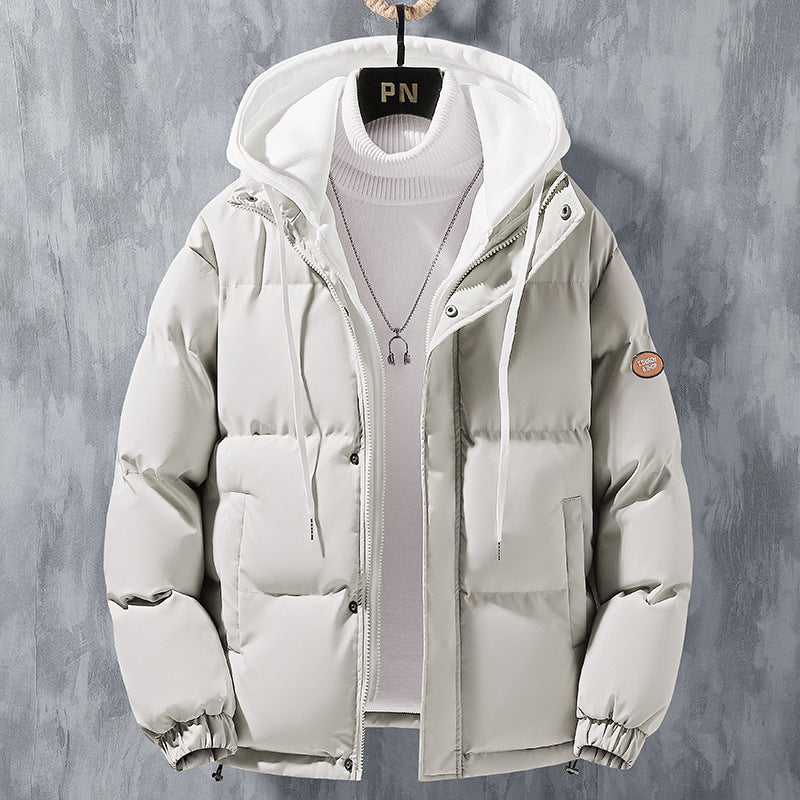 Fashion Hooded Jacket Men Winter Windproof Thickened Fake Two-piece Coat Solid Leisure Sports Cotton Jacket - FlexFinds