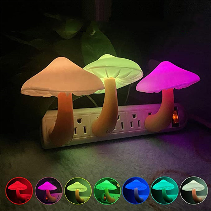 LED Night Light Mushroom Wall Socket Lamp EU US Plug Warm White Light-control Sensor Bedroom Light Home Decoration - FlexFinds