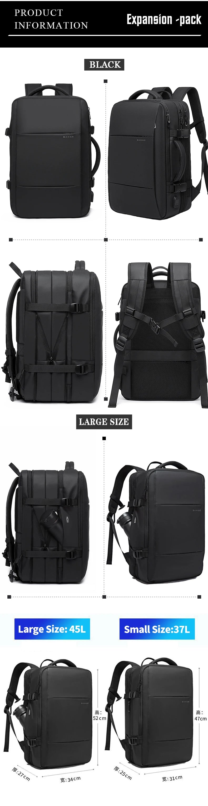 BANGE Expandable Travel Backpack for Men – Business, School, Waterproof USB Charging, Large Capacity, 17.3" Laptop Bag - FlexFinds