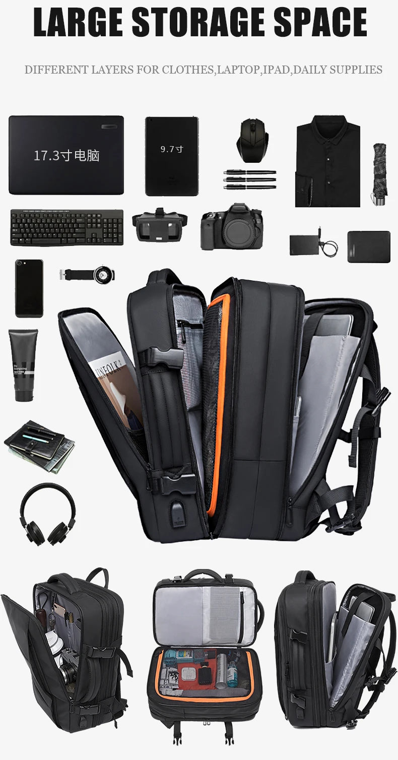 BANGE Expandable Travel Backpack for Men – Business, School, Waterproof USB Charging, Large Capacity, 17.3" Laptop Bag - FlexFinds