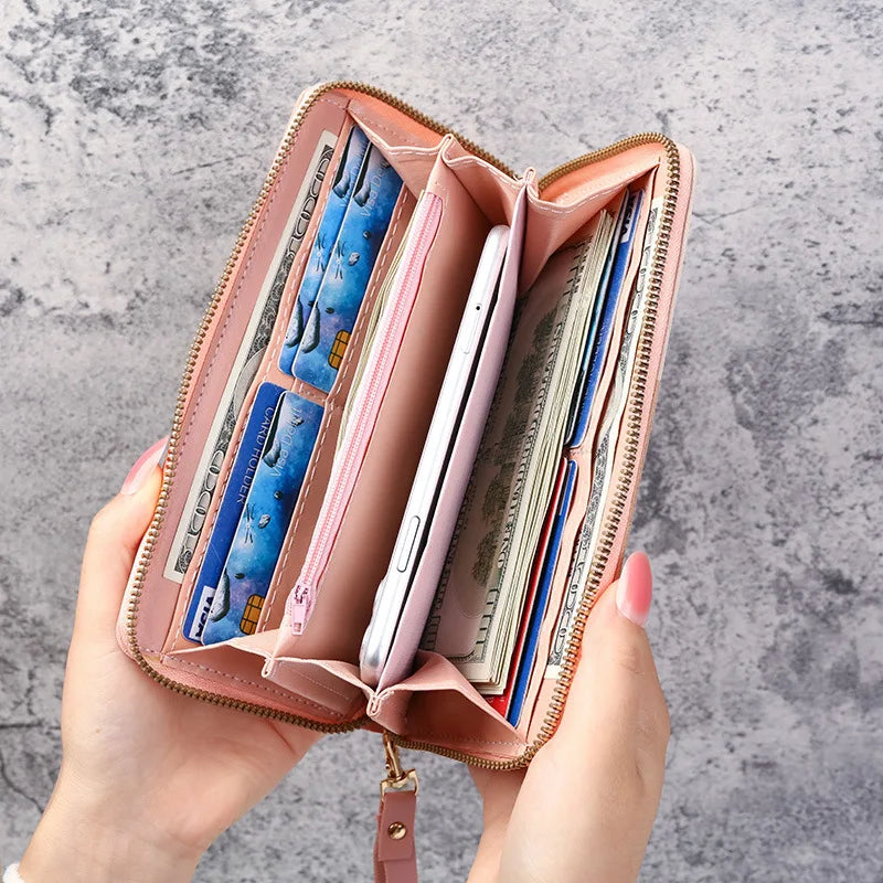 Fashion Zipper Wallet for Women – Long PU Leather Purse, Coin and Card Holder, Billfold Wallet - FlexFinds