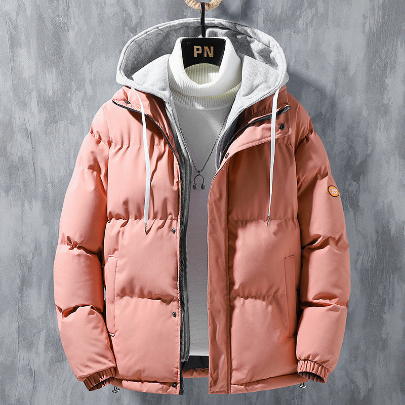 Fashion Hooded Jacket Men Winter Windproof Thickened Fake Two-piece Coat Solid Leisure Sports Cotton Jacket - FlexFinds