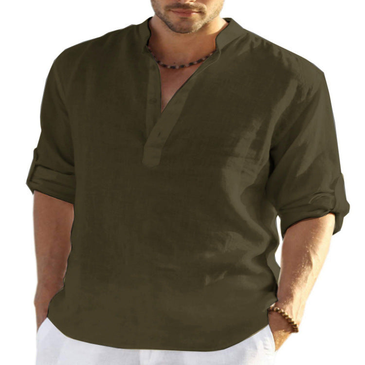 Men's Casual Cotton Linen Solid Color Long Sleeve Shirt Loose Stand Collar - FlexFinds