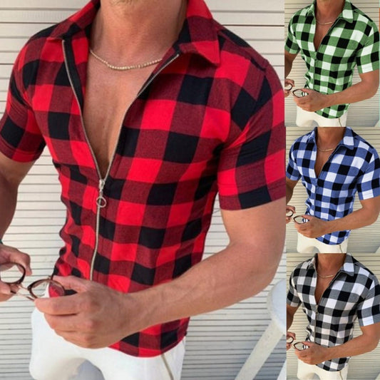 Plaid T Shirt Mens Zipper Short Sleeve Shirts Summer Men Clothing - FlexFinds