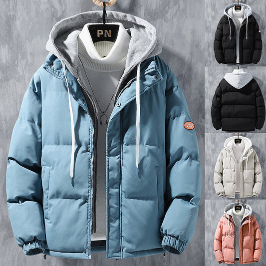 Fashion Hooded Jacket Men Winter Windproof Thickened Fake Two-piece Coat Solid Leisure Sports Cotton Jacket - FlexFinds