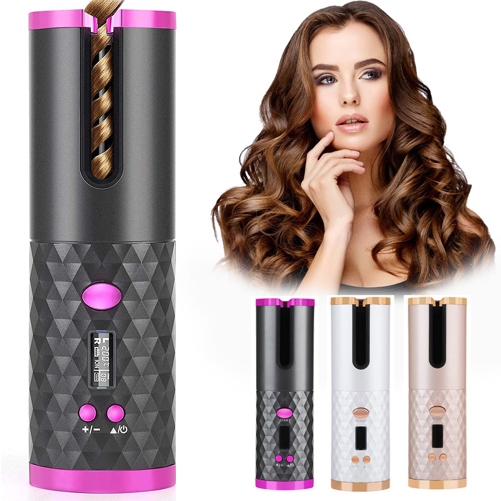 Rechargeable Automatic Hair Curler – Portable Ceramic Curling Iron with LCD Display and Rotating Waves for Women - FlexFinds