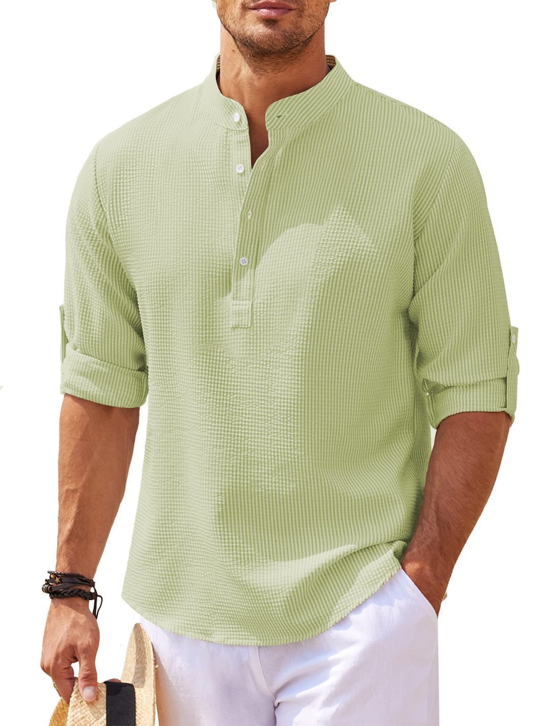 Men's Casual Shirt  Long Sleeve Stand Collar Solid Color Shirt Mens Clothing - FlexFinds