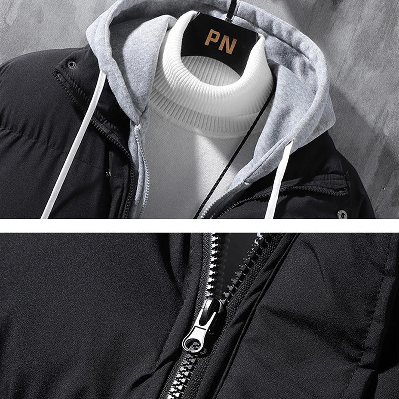 Fashion Hooded Jacket Men Winter Windproof Thickened Fake Two-piece Coat Solid Leisure Sports Cotton Jacket - FlexFinds