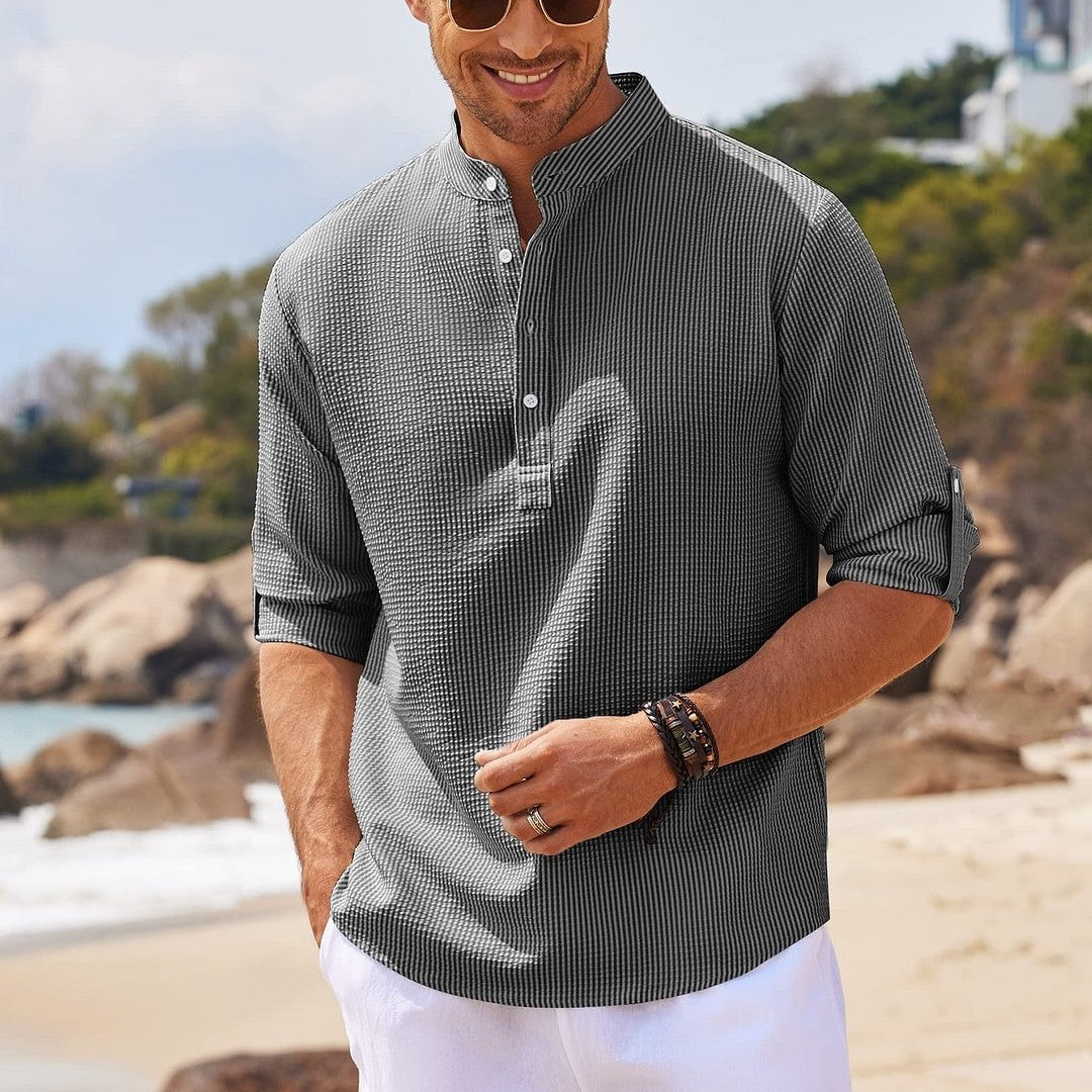 Men's Casual Shirt  Long Sleeve Stand Collar Solid Color Shirt Mens Clothing - FlexFinds