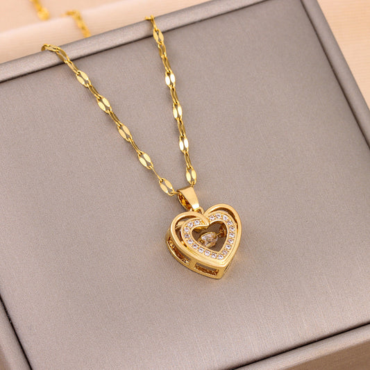 Double-layer Love Necklace With Rhinestones Titanium Steel Pendant Fashion Jewelry Woman Valentines Day Gift - FlexFinds