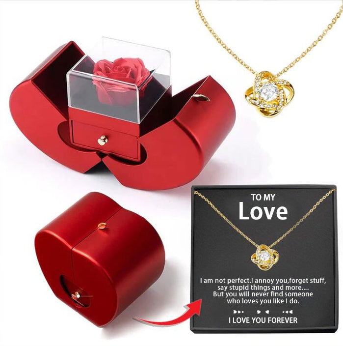 Fashion Jewelry Box Red Apple Christmas Gift Necklace Eternal Rose For Girl Mother's Day Valentine's Day Gifts With Artificial Flower Rose Flower Jewelry Box - FlexFinds