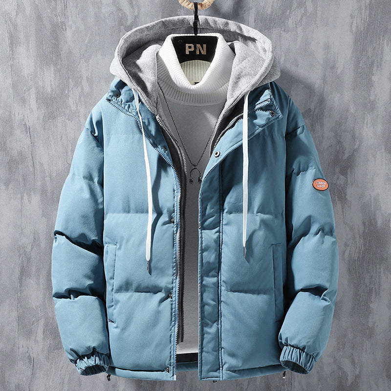 Fashion Hooded Jacket Men Winter Windproof Thickened Fake Two-piece Coat Solid Leisure Sports Cotton Jacket - FlexFinds