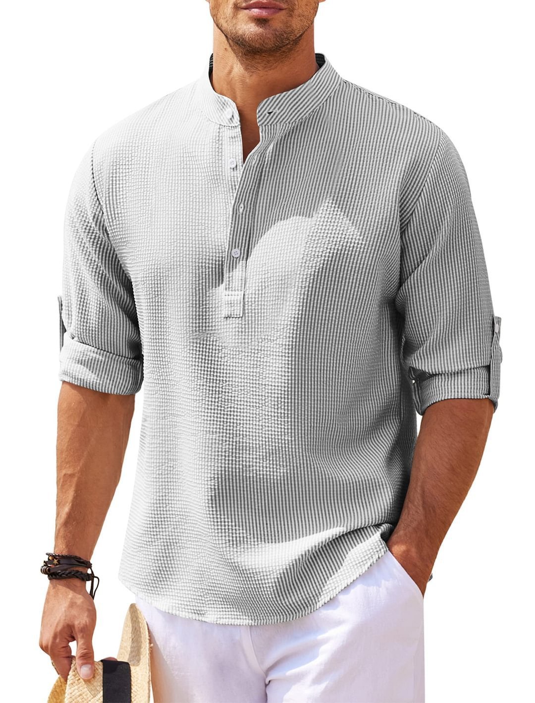 Men's Casual Shirt  Long Sleeve Stand Collar Solid Color Shirt Mens Clothing - FlexFinds