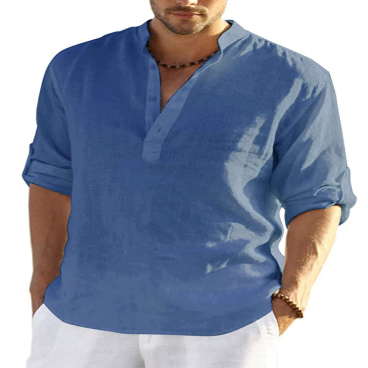 Men's Casual Cotton Linen Solid Color Long Sleeve Shirt Loose Stand Collar - FlexFinds