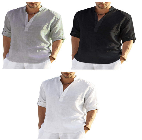 Men's Casual Cotton Linen Solid Color Long Sleeve Shirt Loose Stand Collar - FlexFinds