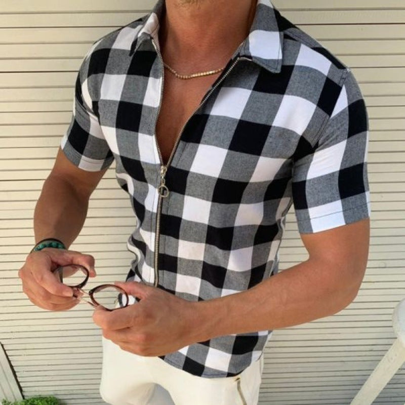 Plaid T Shirt Mens Zipper Short Sleeve Shirts Summer Men Clothing - FlexFinds